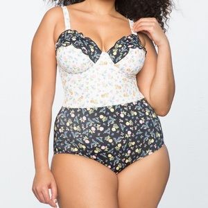 HTF Eloquii Scallop Block Print Mixed Floral one Piece Swimsuit 18 Best Bud